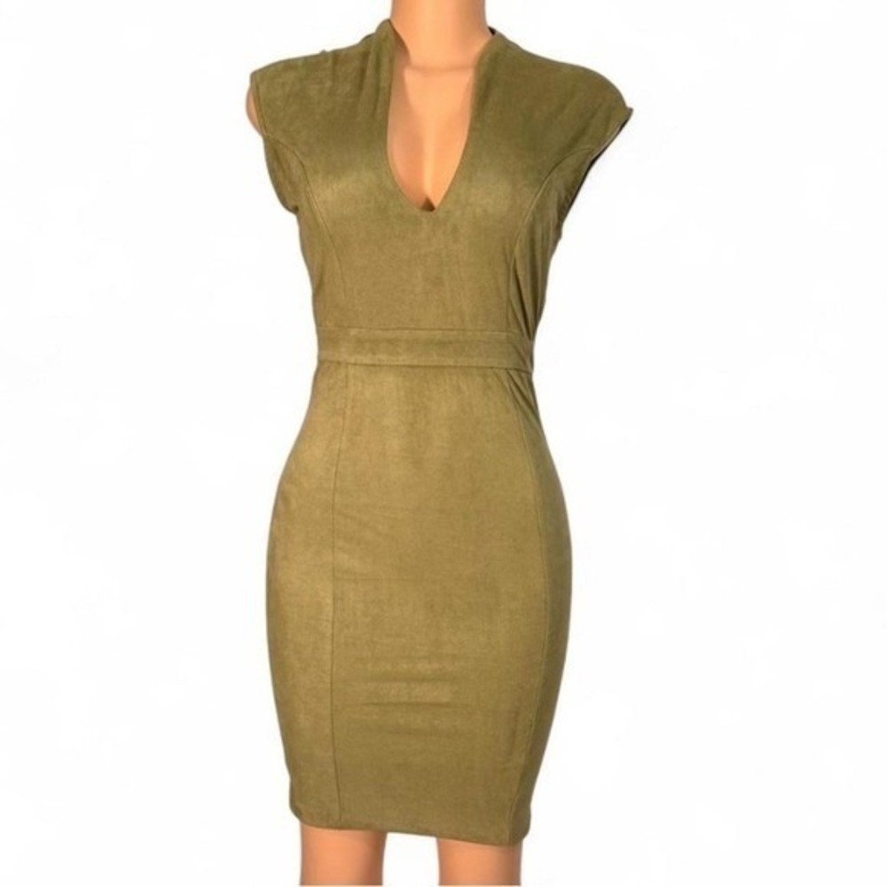 Privy Olive Green Faux Suede V-Neck Bodycon Midi Dress‎ Womens Size M